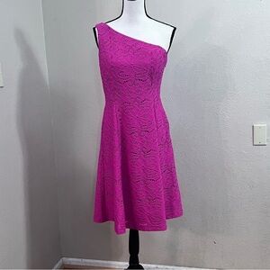 London Times hot pink lace one shoulder midi dress
